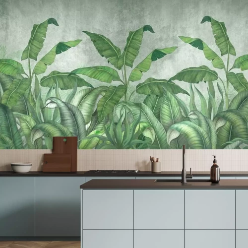 Papier peint  Tropical leaves on a gray background. Photo wallpaper with leaves. Fresco for the interior. Wall decor in grunge style. Painted green leaves. Photo wallpapers 3d.