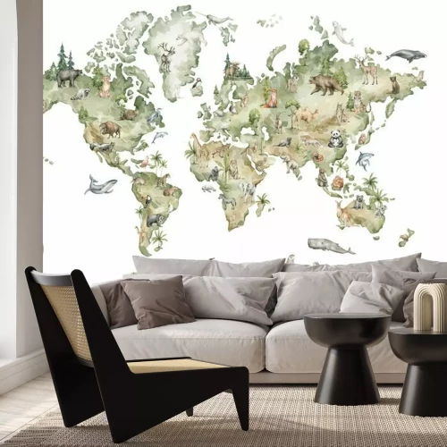Papier peint  Watercolor world map with animals and natural elements. Geographical map. Hand-painted earth isolated on white. Nursery print