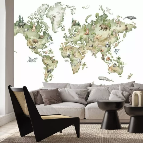 Sticker  Watercolor world map with animals and natural elements. Geographical map. Hand-painted earth isolated on white. Nursery print