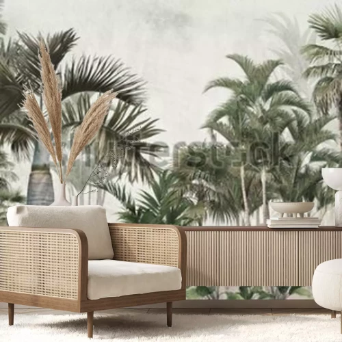 Papier peint  Tropical trees and leaves wallpaper design in foggy forest - 3D illustration