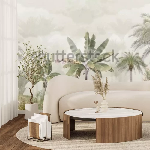 Papier peint  Tropical trees and leaves wallpaper design in foggy forest - 3D illustration