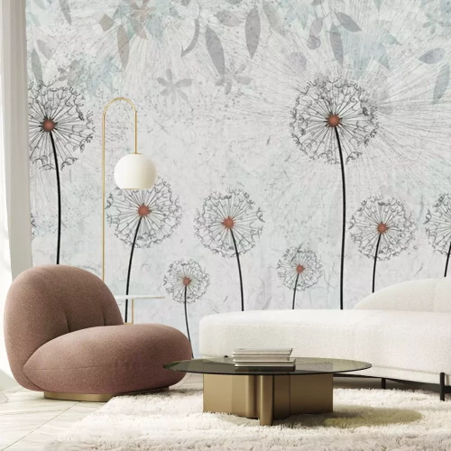 Papier peint  Composition abstraite de pissenlits sur un fond de béton