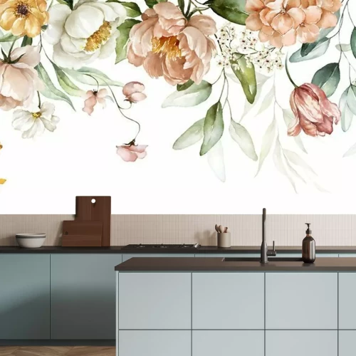 Papier peint  Bouquet border - green leaves and blush pink flowers on white background. Watercolor hand painted seamless border. Floral illustration. Foliage pattern.