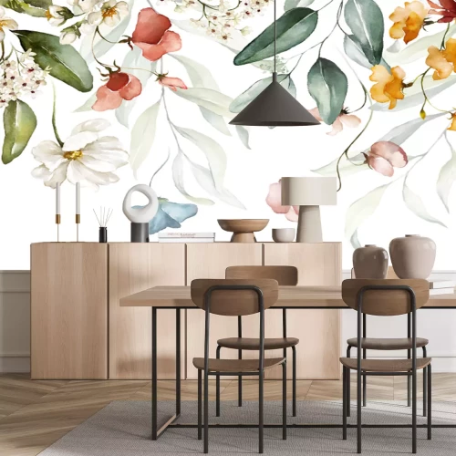 Papier peint  Bouquet border - green leaves and blush pink flowers on white background. Watercolor hand painted seamless border. Floral illustration. Foliage pattern.