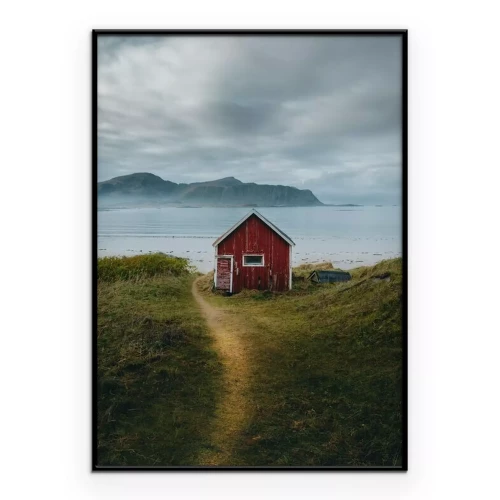 Poster  Vue d'une maison en bois rouge au bord de l'eau