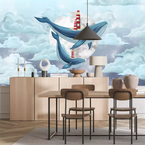 Papier peint  Baleines nageant dans le ciel parmi les nuages