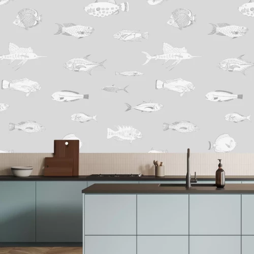 Papier peint  Banc de poissons en gris