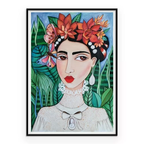 Poster  Frida Kahlo avec une couronne de style bohème