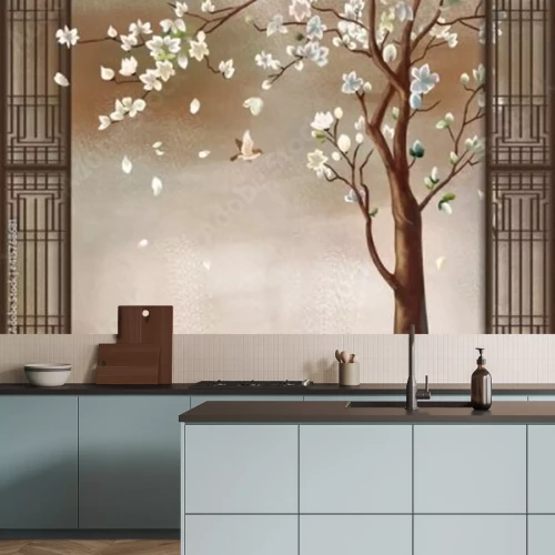 Papier peint  3d illustration, spotted blurred background, brown vertical frames, tall tree with magnolia flowers