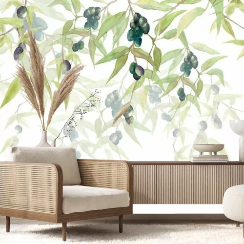 Papier peint  Branches d'olivier avec olives noires sur fond blanc Contexte