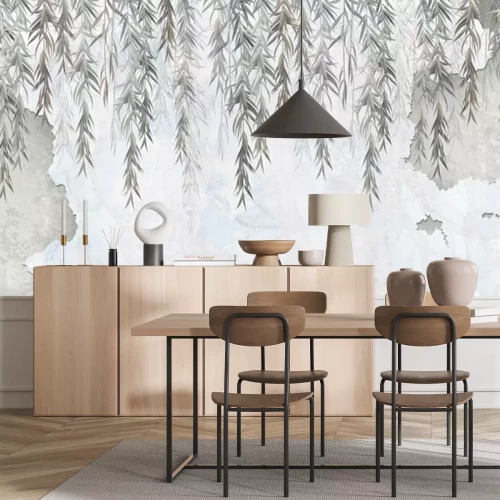 Papier peint  Feuilles de saule grises sur fond aquarelle clair