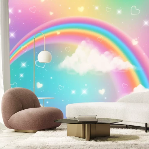 Papier peint  Holographic fantasy rainbow unicorn background with clouds. Pastel color sky. Magical landscape, abstract fabulous pattern. Cute candy wallpaper. Vector.