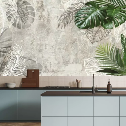 Papier peint  Fond vieilli avec des feuilles tropicales