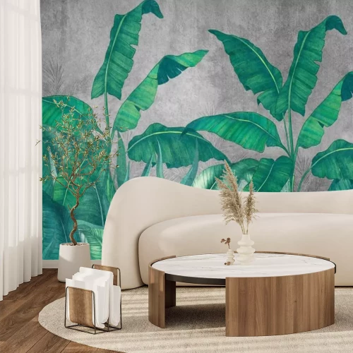 Papier peint  Tropical leaves . Photo wallpaper with leaves. Fresco for the interior. Wall decor in grunge style. Painted green leaves. Photo wallpapers 3d.