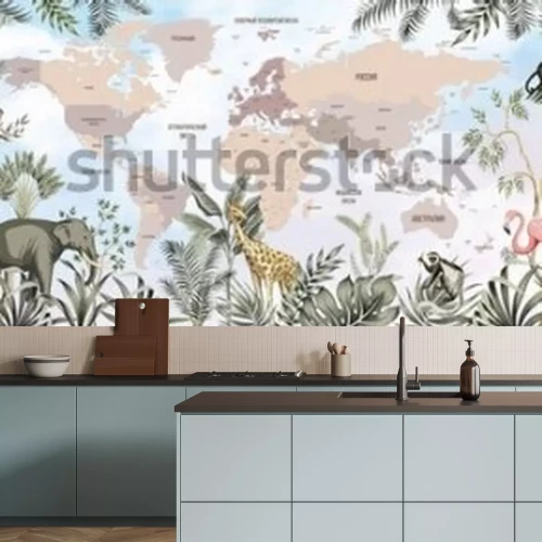 Papier peint  Children's world map. World map with the names of countries in Russian. Russia, America, Africa, Australia, Europe, Antarctica. A drawn map of the world with animals.