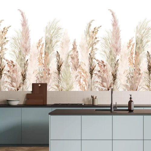 Sticker  Watercolor pampas grass seamless border. Boho dried grass and leaves neutral colors bouquet. Botanical nature design isolated on white. Bohemian style wedding invitation, greeting, card, postcard