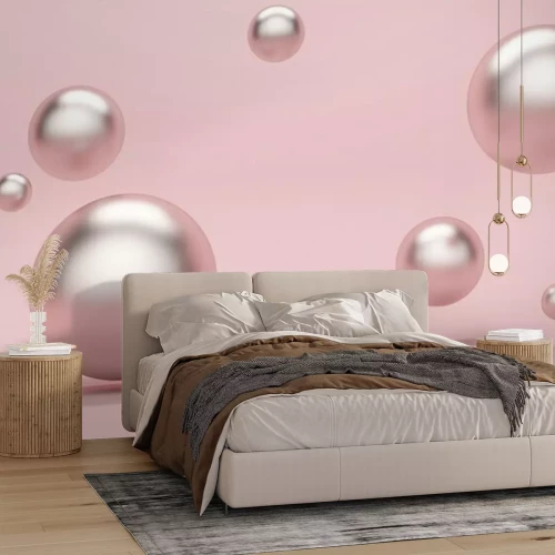 Papier peint  Abstract pink background with metallic flying spheres. 3d rendering