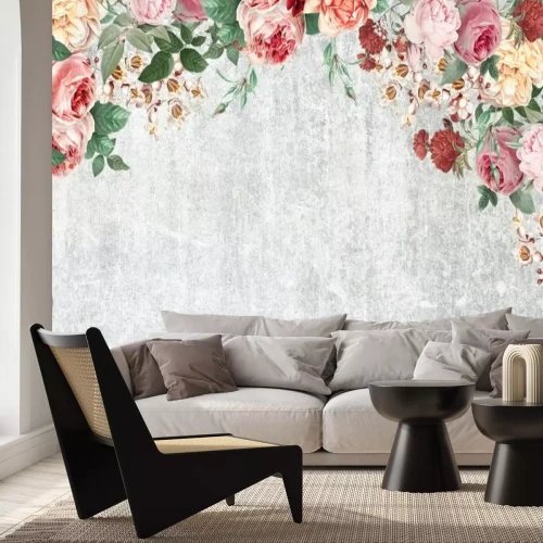 Papier peint  Roses sur fond gris avec texture de béton