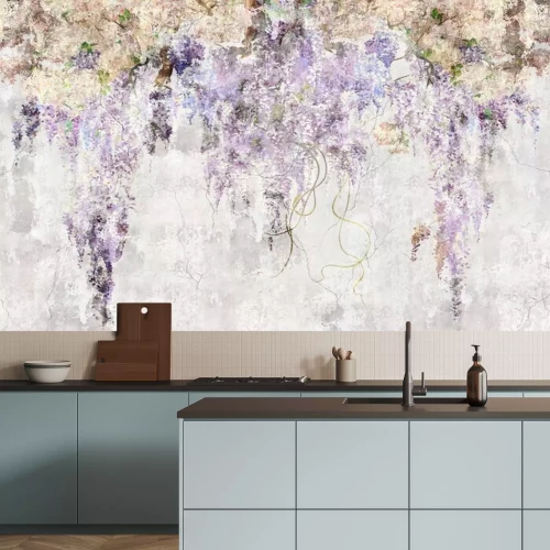 Papier peint  Beautiful lilac branches on the concrete grunge wall. Lilac flowers. Blooming lilac. Floral background in loft, modern style. Design for wall mural, card, postcard, wallpaper, photo wallpaper.