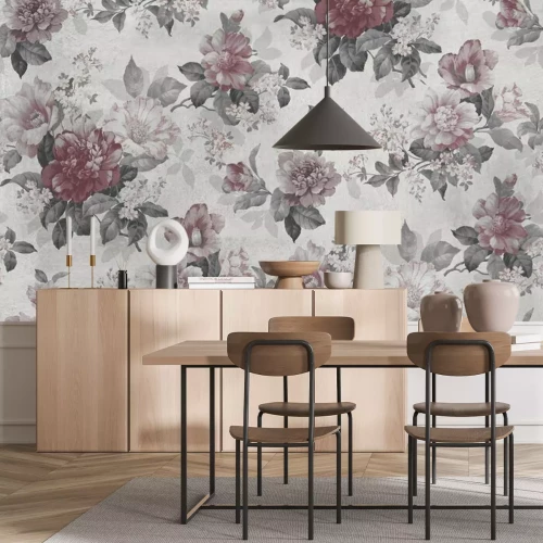 Papier peint  Seamless pattern with pink flowers and leaves. Floral pattern for wallpaper or fabric. Background old concrete wall texture.