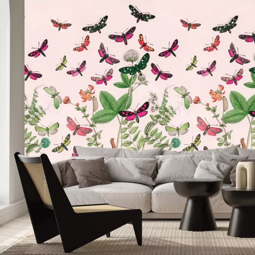 Papier peint  Papillons colorés au milieu de feuilles vertes