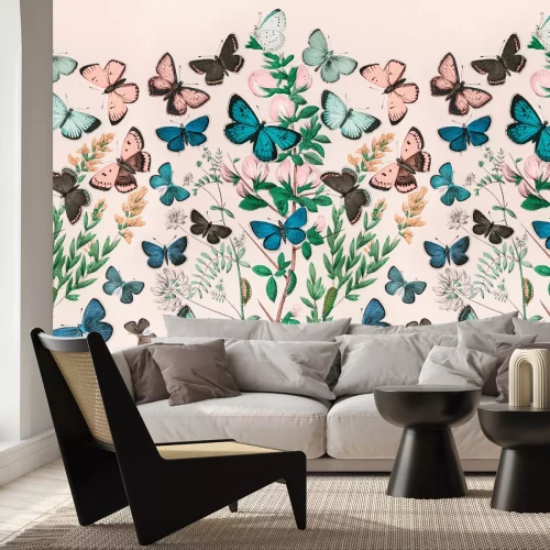 Papier peint  Papillons et branches vertes