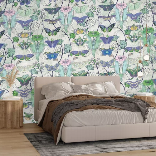Papier peint  Motif papillons et plantes