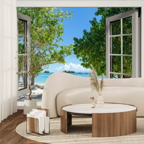 Papier peint  Fenêtre avec vue sur une plage tropicale et la mer