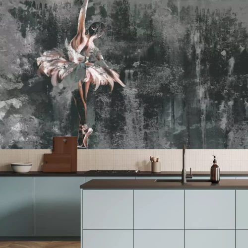 Papier peint  Textured shabby and cracked wall on which a silhouette of a ballerina with watercolor elements is drawn, photo wallpaper