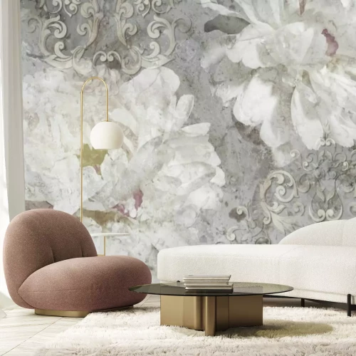 Papier peint  Ornement floral blanc sur béton
