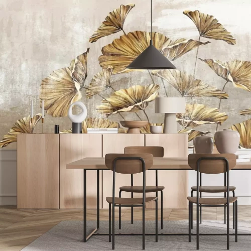 Papier peint  Fleurs dorées aux pétales étalés sur fond béton