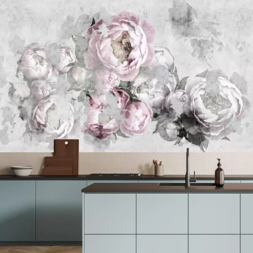 Papier peint  Pivoines roses et grises subtiles sur fond béton
