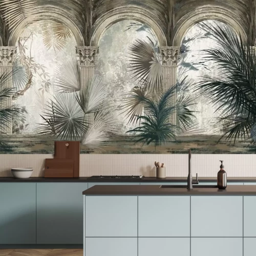 Papier peint  Drawn tropical, exotic plants and leaves among the columns. Floral background for mural, wallpaper, photo wallpaper, postcard, card. Loft, modern, classic design.