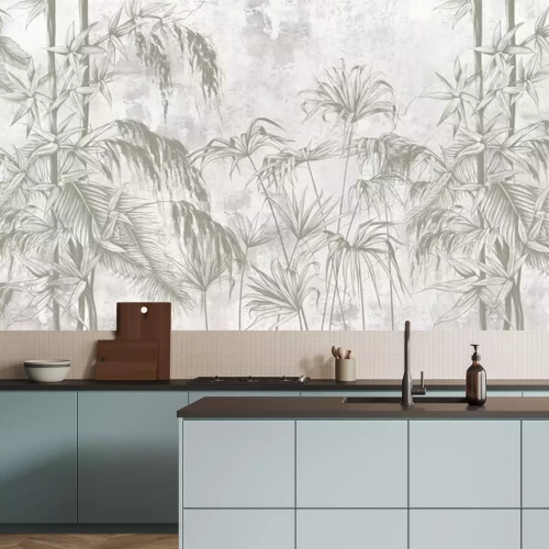 Papier peint  Graphic exotic flowers on the concrete grunge wall. Designed for photo wallpaper, wallpaper, mural design in the loft, classic, modern style. Tropical brunches. 