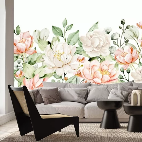 Papier peint  Pivoines blanches et abricot