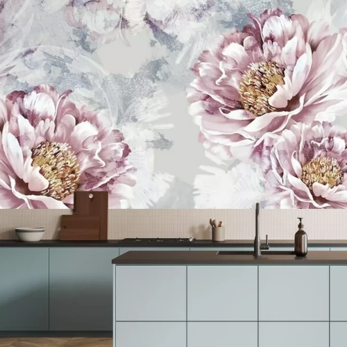 Papier peint  Drawn art peonies on a textured background with imitation of paint and stains, wall murals in a room or home interior