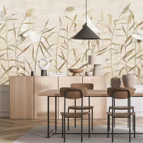 Papier peint  Hand-drawn reeds with flying storks. For interior printing.