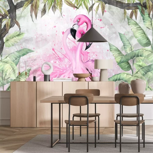 Papier peint  Flamants roses abstraits dans la jungle