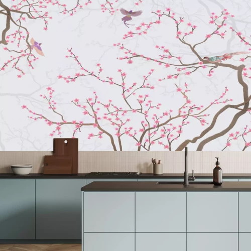 Papier peint  Branches et fleurs de cerisier parmi les oiseaux