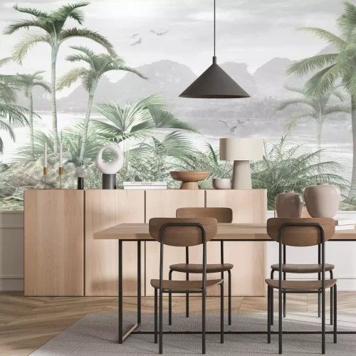 Papier peint  Paysage tropical avec des palmiers et une rivière