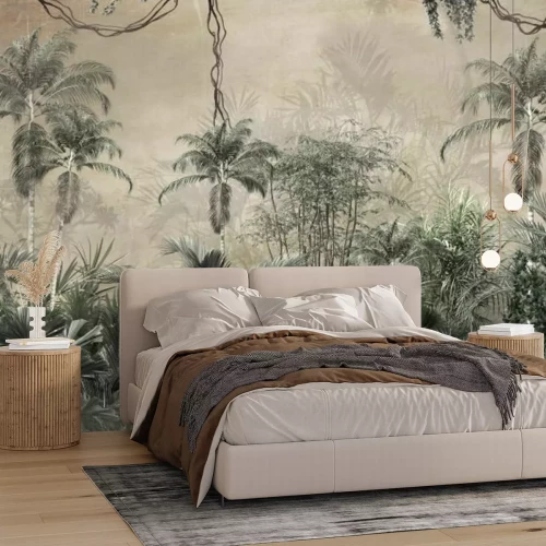 Papier peint  Tropical trees and leaves wallpaper design in foggy forest - 3D illustration