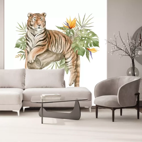 Sticker  Un tigre se reposant sur un tronc d'arbre