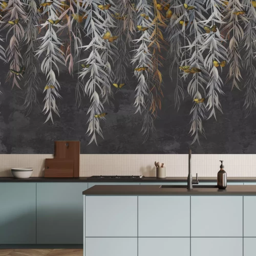 Papier peint  Plantes suspendues et papillons sur fond sombre