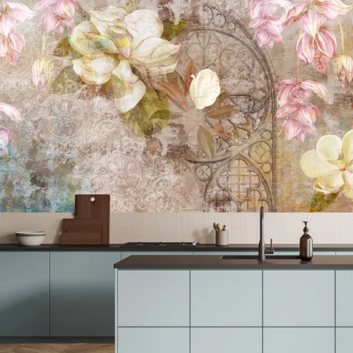 Papier peint  Design for mural, wallpaper, photo wallpaper, card, postcard. Floral background. Magnolia, jasmine flowers illustration.