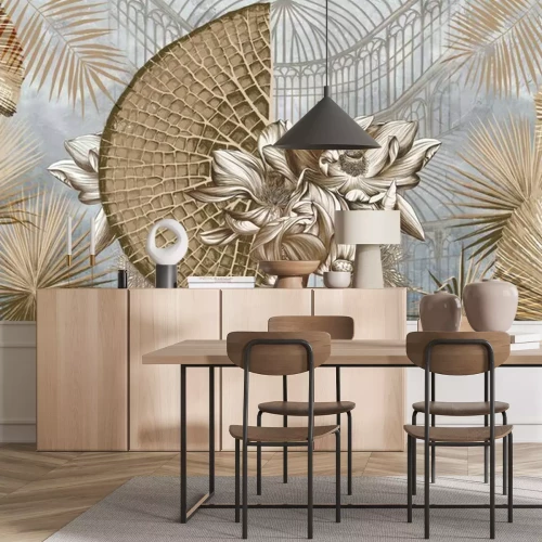 Papier peint  Graphic illustration of a greenhouse. Floral wallpaper with exotic jungle leaves and water lilies.  Abstract botanical design for photo wallpaper, wallpaper, mural, card.