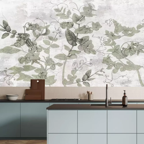 Papier peint  Feuilles vertes sur un fond en béton gris