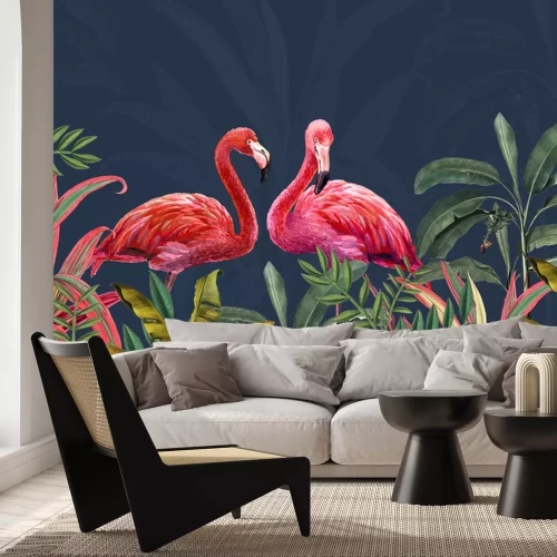 Papier peint  Flamants roses et feuilles tropicales colorées