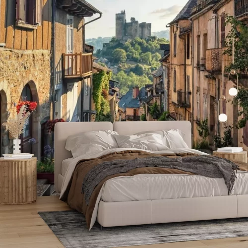 Papier peint  Rue dans un village français avec vue sur un château