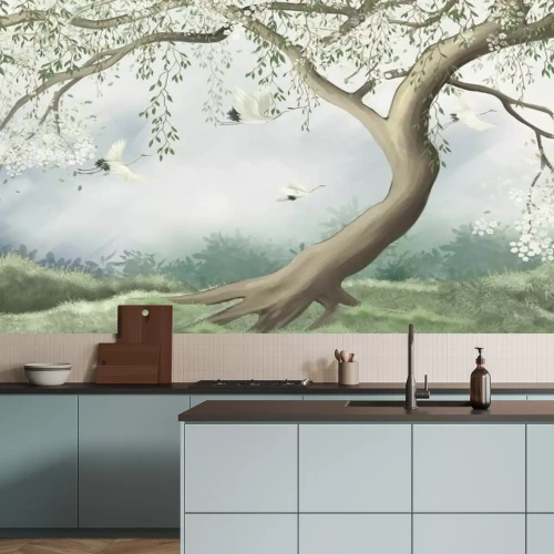 Papier peint  Arbre de cerisier dans une prairie avec des cigognes