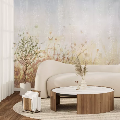 Papier peint  Fleurs des champs et papillons sur fond de prairie illustration rétro